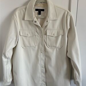 Cream Faux Leather Button-Front Shacket